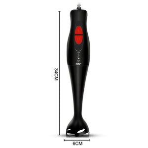 Black RAF hand blender with red buttons, 34cm height, 6cm width, on white background