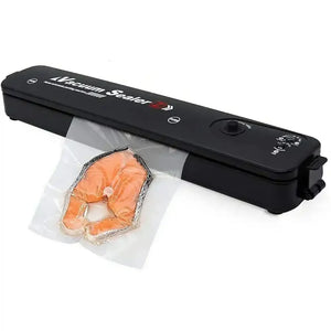 Vacuum sealer machine sealing salmon fillet in a plastic bag on white background