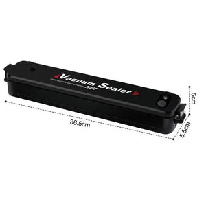 Black vacuum sealer machine with dimensions 36.5cm x 5.5cm x 5cm shown on white background
