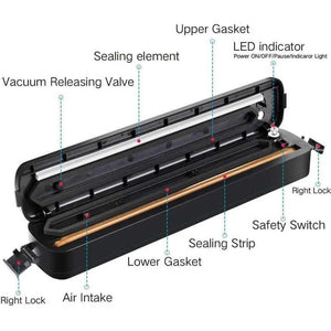 Labeled diagram of a black vacuum sealer machine with gaskets, sealing element, and controls.
