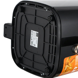 Black air fryer base with product sticker and visible orange fries label on side