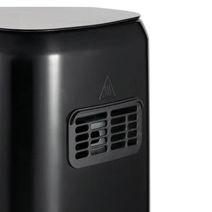 Black air fryer rear view with vent and steam warning symbol