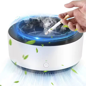 Smokeless ashtray air purifier with cigarette, hand, and floating green leaves