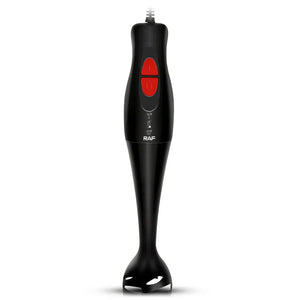 Black RAF hand blender with red buttons, electric kitchen appliance on white background
