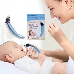 Mother using electric nasal aspirator on baby, nasal suction device and packaging visible
