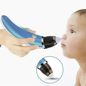 Electric nasal aspirator used for baby nose cleaning with close-up of suction tip