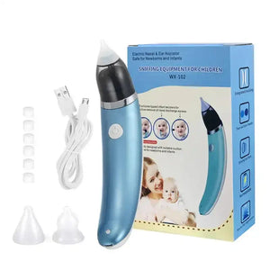 Electric nasal aspirator kit for infants with USB cable, nozzle tips, and product box