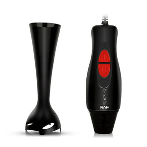 Black hand blender with detachable shaft and red buttons, RAF brand kitchen appliance