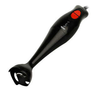 Black RAF hand blender with red buttons on a white background