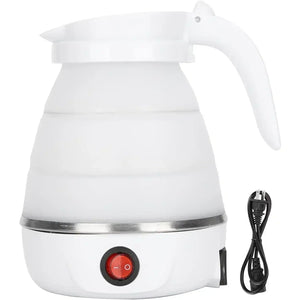 White collapsible electric kettle with power switch and black cord on white background