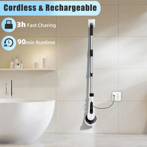 Cordless rechargeable electric spin scrubber charging in modern bathroom