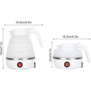 Collapsible electric kettle in white, extended and folded, with size measurements shown