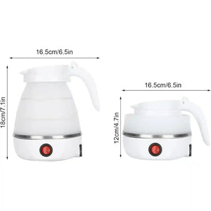 Collapsible electric kettle in white, extended and folded, with size measurements shown