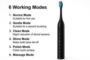 Black electric toothbrush with 6 working modes list, including clean, polish, and massage modes.