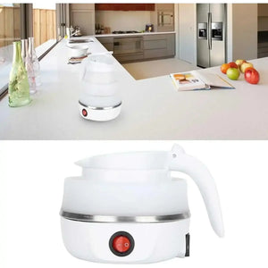 Collapsible electric kettle on modern kitchen counter with fruits and glass bottles