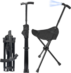 Foldable Cane with Built - In Seat, LED Light, Adjustable Height Support - Shoplex