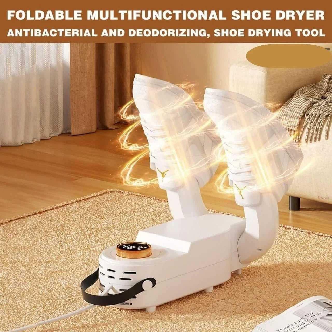 Foldable multifunctional shoe dryer deodorizing two white sneakers on carpeted floor