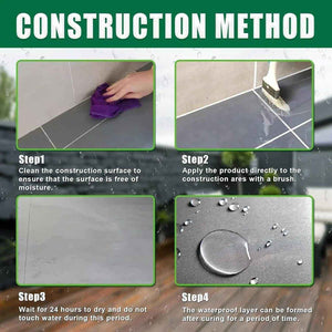 Tile waterproofing construction steps with cleaning, brushing, drying, and water-repellent result.