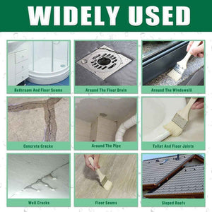 Multipurpose waterproof sealant uses shown for bathroom, floor drain, windowsill, cracks, and roofs.