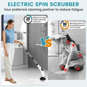 Electric spin scrubber vs manual scrubbing in bathroom, woman cleaning tiles efficiently.