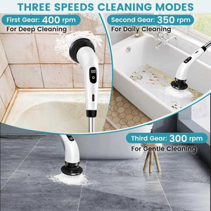 Electric spin scrubber with three speed modes cleaning bathtub, tiles, and floor.