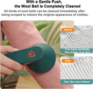 Electric lint remover cleaning wool balls from a pink sweater, before and after fabric care results.