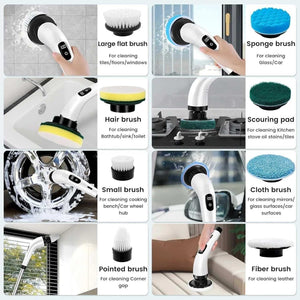 Electric cleaning brush set with multiple brush heads for tile, bathroom, glass, and car cleaning
