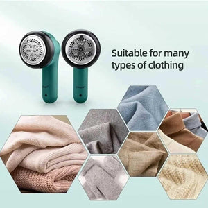 Fabric shaver lint remover for clothing, shown with various fabric types and textures.