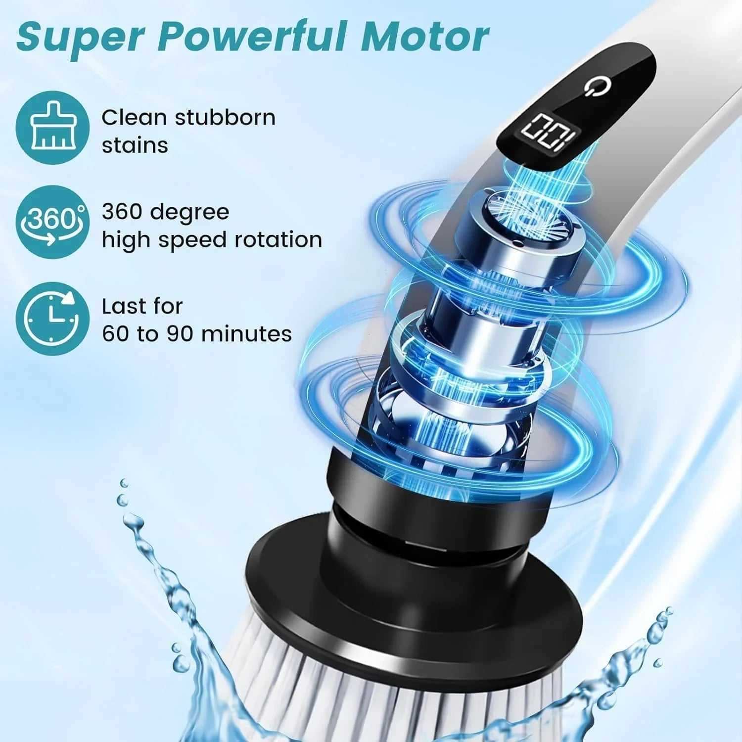 Electric cleaning brush with super powerful motor, 360-degree rotation, digital display