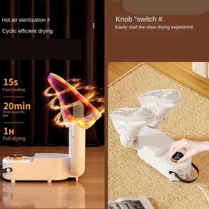 Electric shoe dryer with heating, timer, and digital knob on carpet, drying sneakers