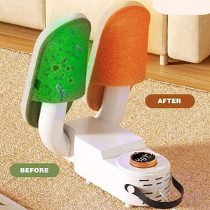 Foot dryer with before and after pads, showing clean orange and dirty green, on carpeted floor