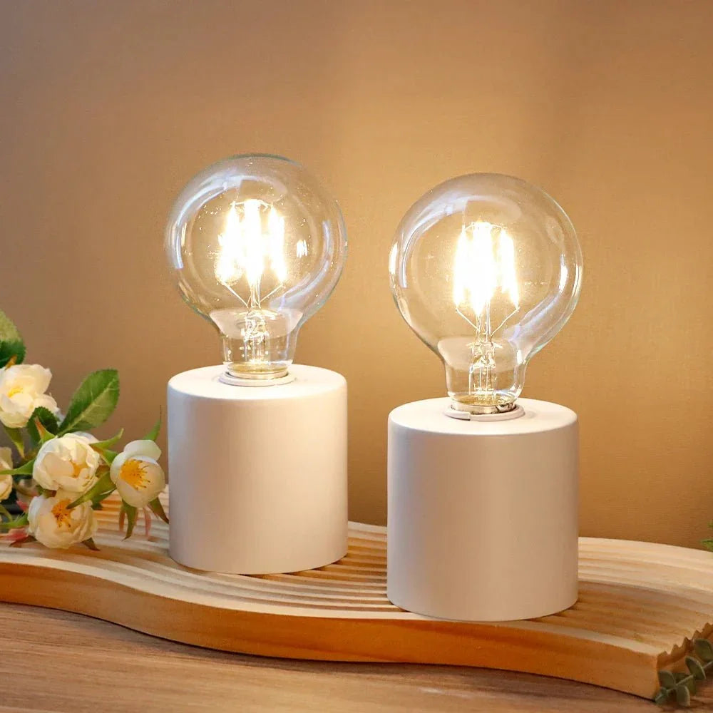 Minimalist White Battery - Operated Table Lamp Exposed Bulb Set - Shoplex