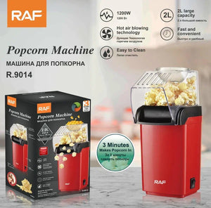 RAF popcorn machine red R.9014 with box, 2L capacity, 1200W, hot air, on kitchen counter