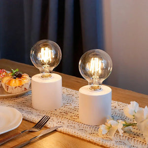 Minimalist White Battery - Operated Table Lamp Exposed Bulb Set - Shoplex