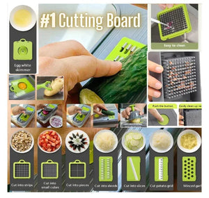 Multi-functional cutting board with interchangeable blades for slicing, dicing, shredding, and mincing vegetables.