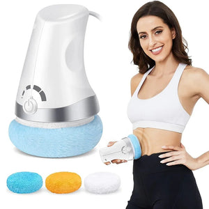 Woman using electric body massager with blue pad on abdomen, includes extra pads