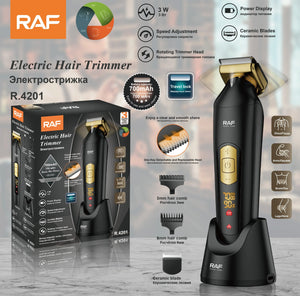 RAF electric hair trimmer R.4201 with packaging, gold and black design, features shown.