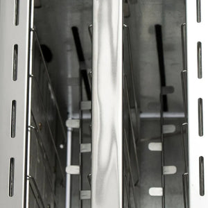 Close-up of stainless steel dishwasher rack with metal prongs and slots