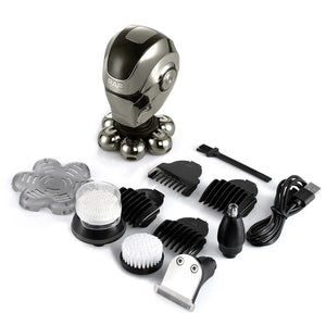 Electric head shaver grooming kit with multiple attachments, USB cable, and cleaning brush