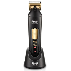 RAF electric hair trimmer with digital display on charging stand, black and gold color