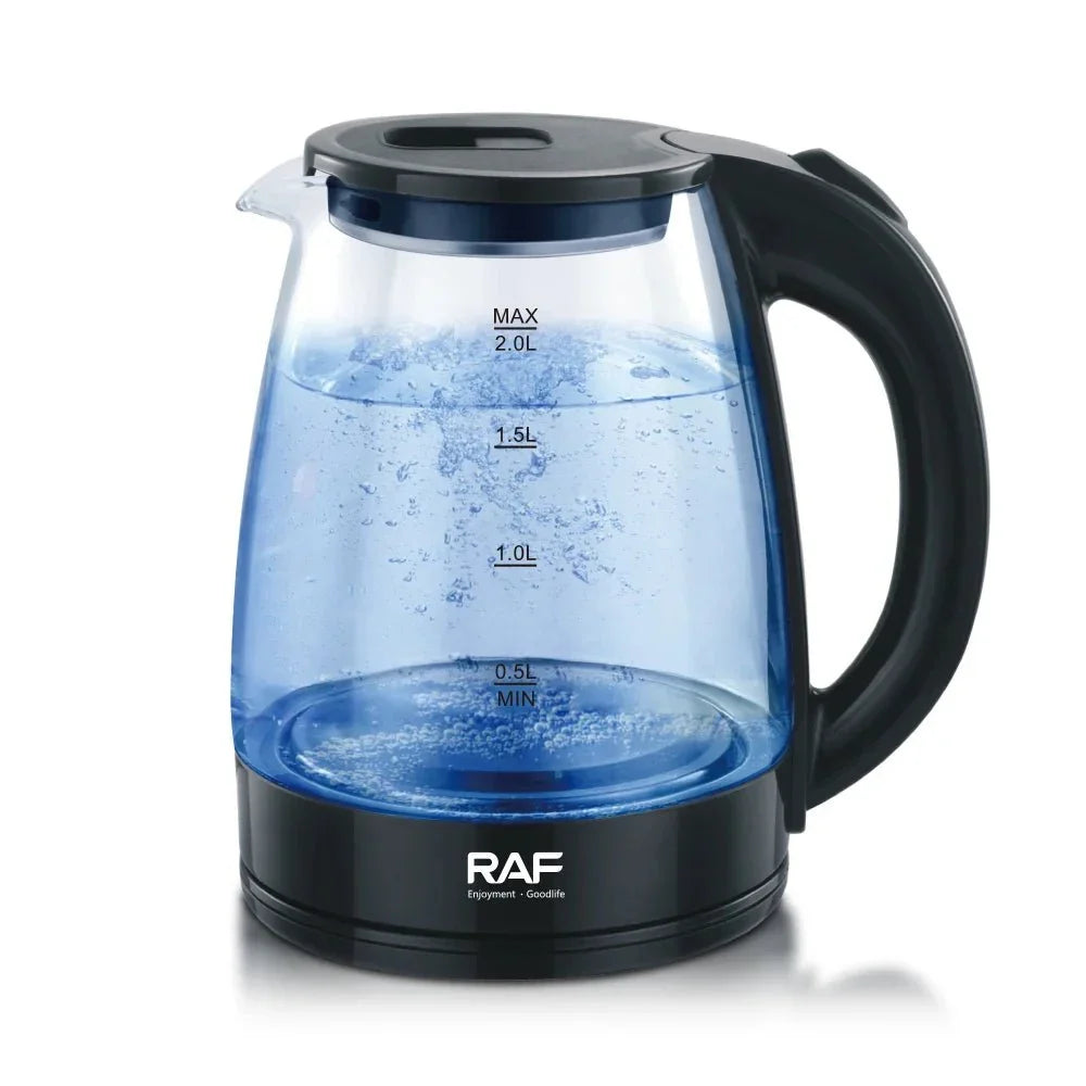 RAF electric glass kettle with water measurement, black handle, clear boiling water