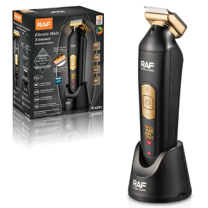 RAF electric hair trimmer R4201 in charging base with product box, ceramic blades