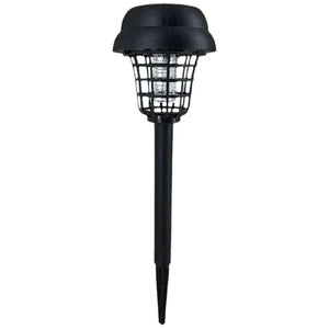 Black outdoor solar bug zapper garden stake lamp with protective grid design