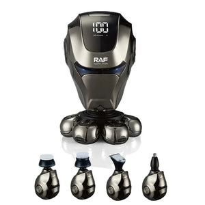 Electric shaver kit with metallic body, digital display, and four grooming attachments.