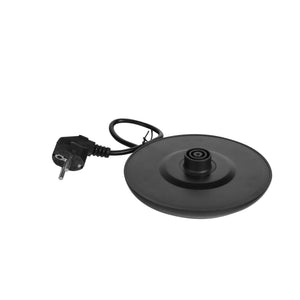 Black electric kettle base with European plug and attached power cord on white background