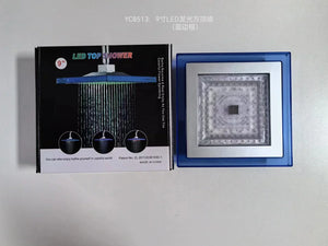 Square LED shower head with blue edge and packaging showing LED top shower features