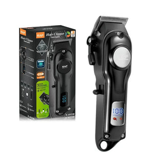 RAF hair clipper with digital display next to retail packaging, USB rechargeable
