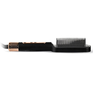 Electric hair straightening brush with black handle and gold accents on white background