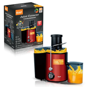 RAF Juicer Extractor R-2617R in red with box, fresh orange juice splashing