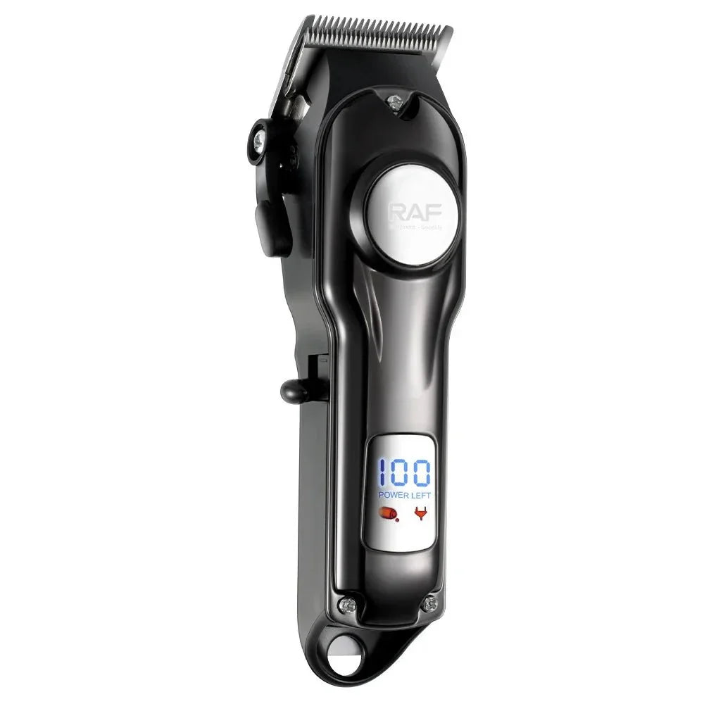 Black electric hair clipper with digital display and stainless steel blades